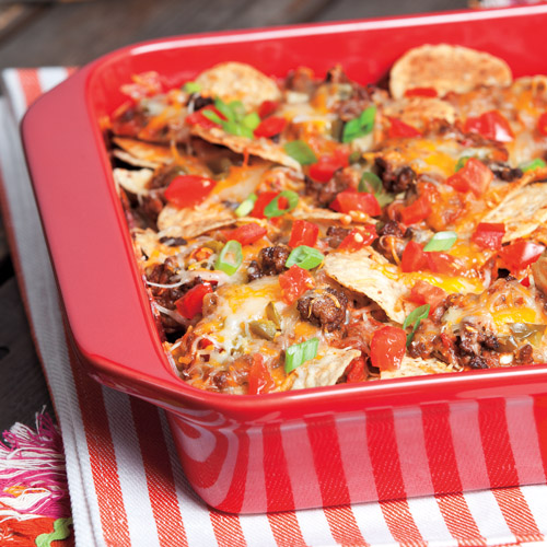 Spicy Beef and Refried Bean Nacho Bake