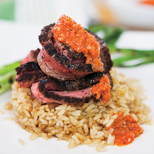 Grilled Spiced Flank Steak with Grilled Tomato Romesco